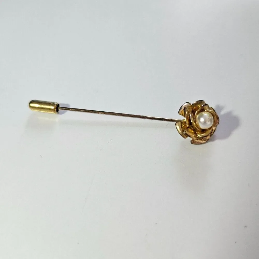 Gold tone flower stick pin faux pearl rose